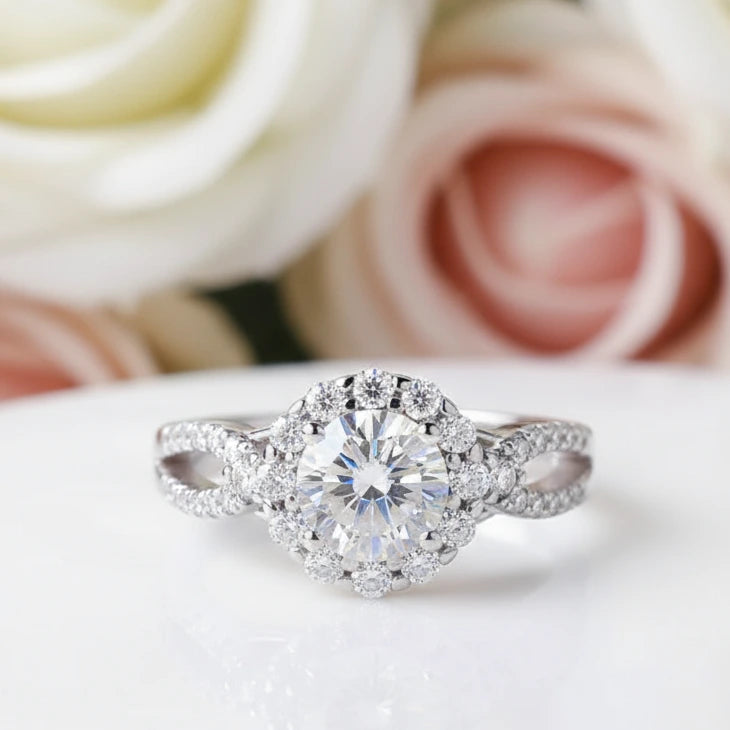 Double Shank 1.0 Ct Round Cut Diamond Halo Engagement Ring-Black Diamonds New York