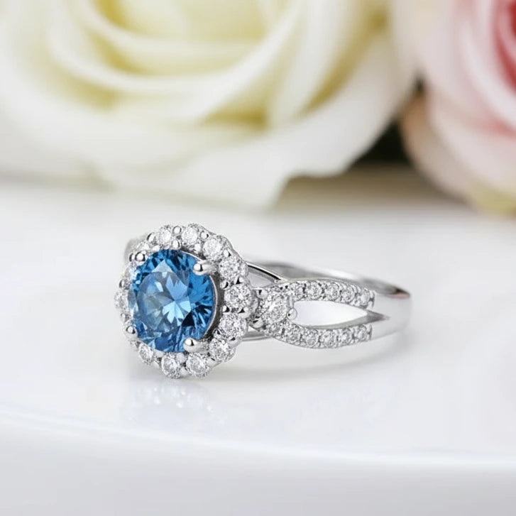 Double Shank 1.0 Ct Round Cut Diamond Halo Engagement Ring-Black Diamonds New York