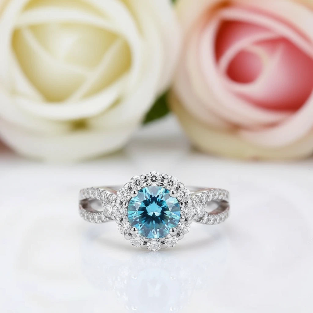 Double Shank 1.0 Ct Round Cut Diamond Halo Engagement Ring-Black Diamonds New York