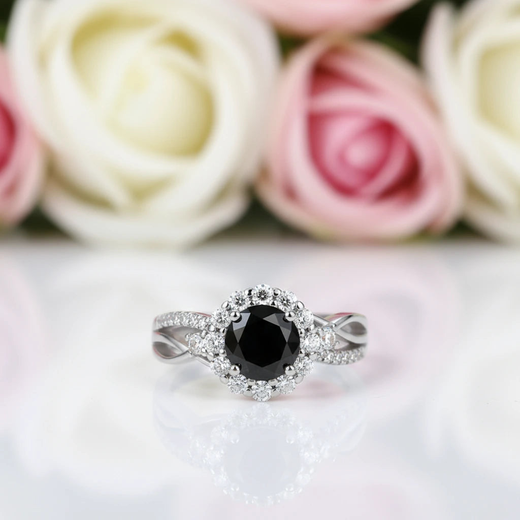 Double Shank 1.0 Ct Round Cut Diamond Halo Engagement Ring-Black Diamonds New York