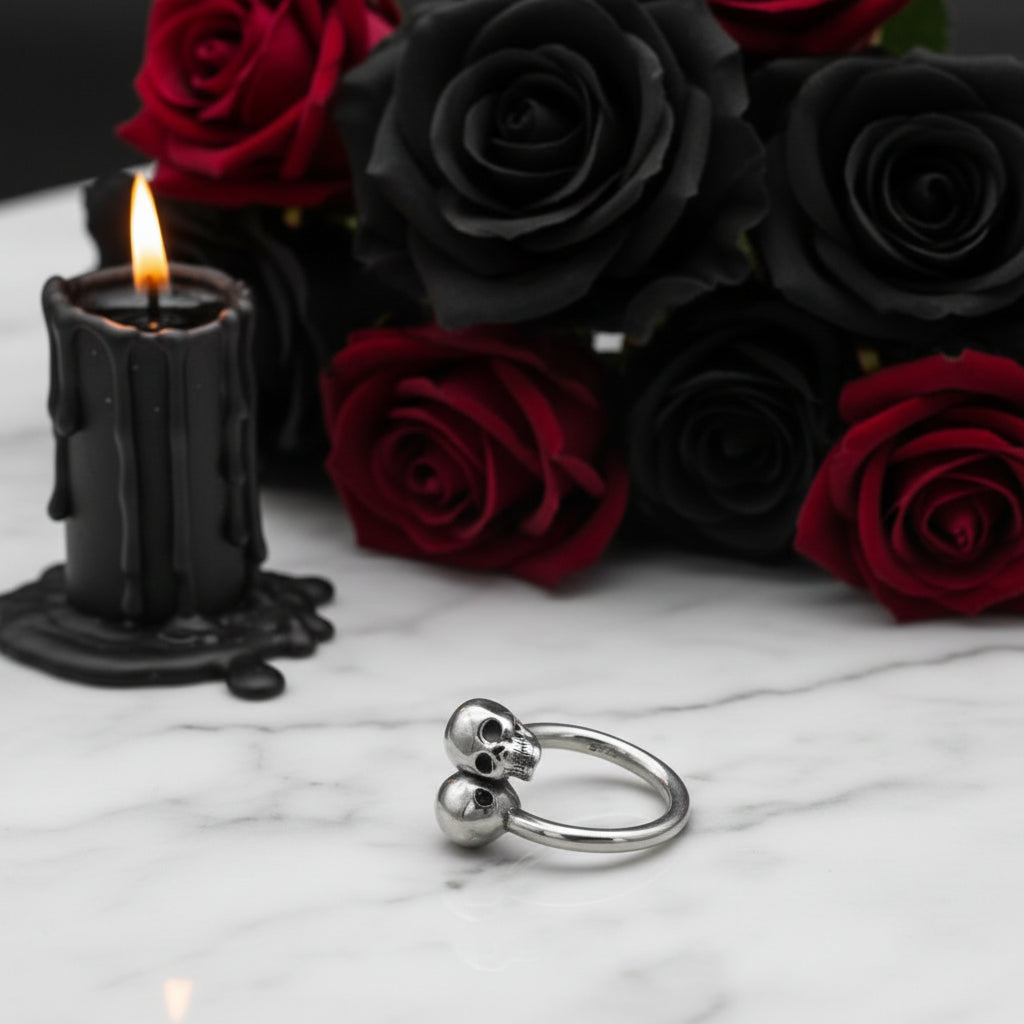 Double Skull Retro Punk Ring-Black Diamonds New York
