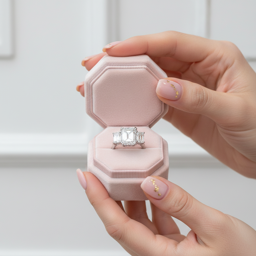 A silver ring with a large rectangular clear gemstone and smaller side stones, displayed in an open light pink jewelry box held by two hands with manicured nails.