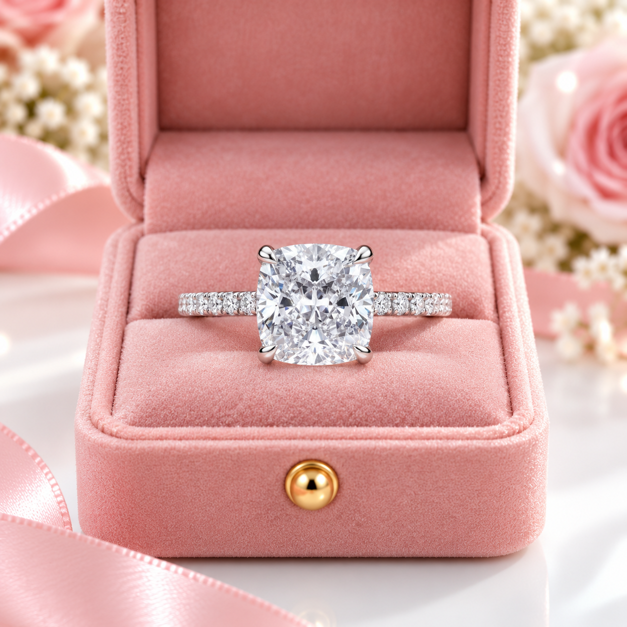A radiant cut diamond engagement ring with a pavé band, displayed in an open pink velvet ring box with a pink satin ribbon and soft pink roses in the background.