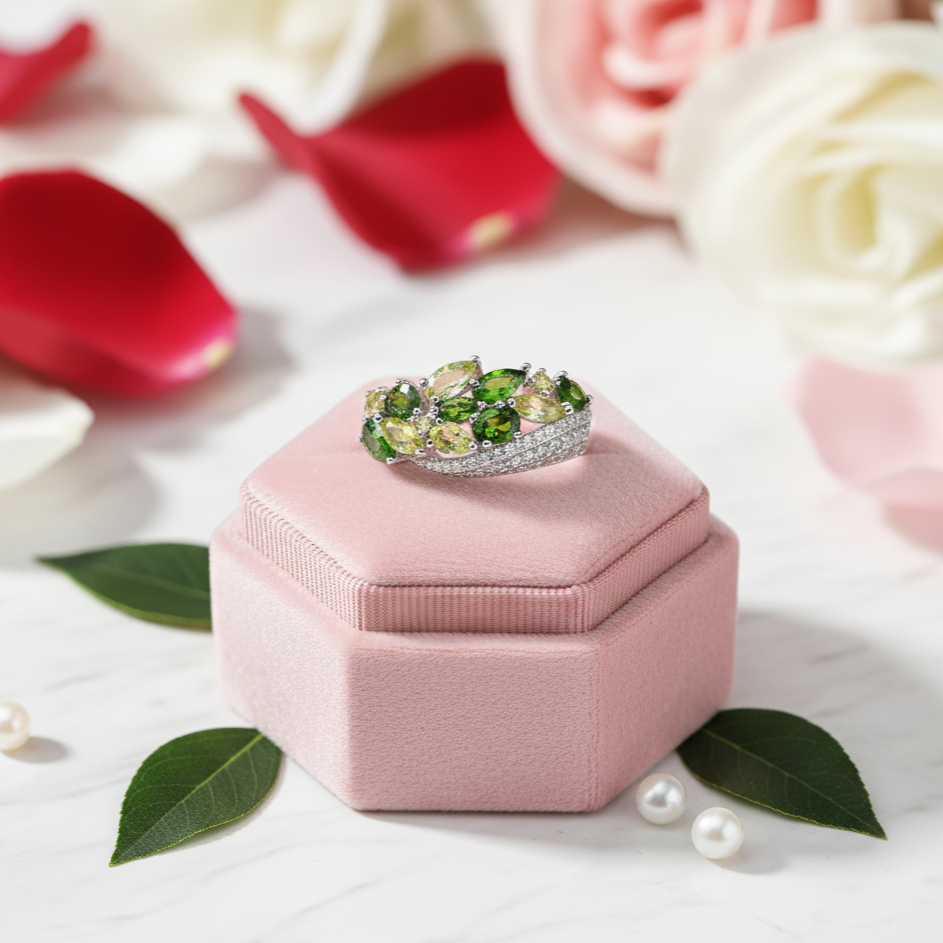 Elegant Natural Peridot Diopside Gemstone Ring-Black Diamonds New York