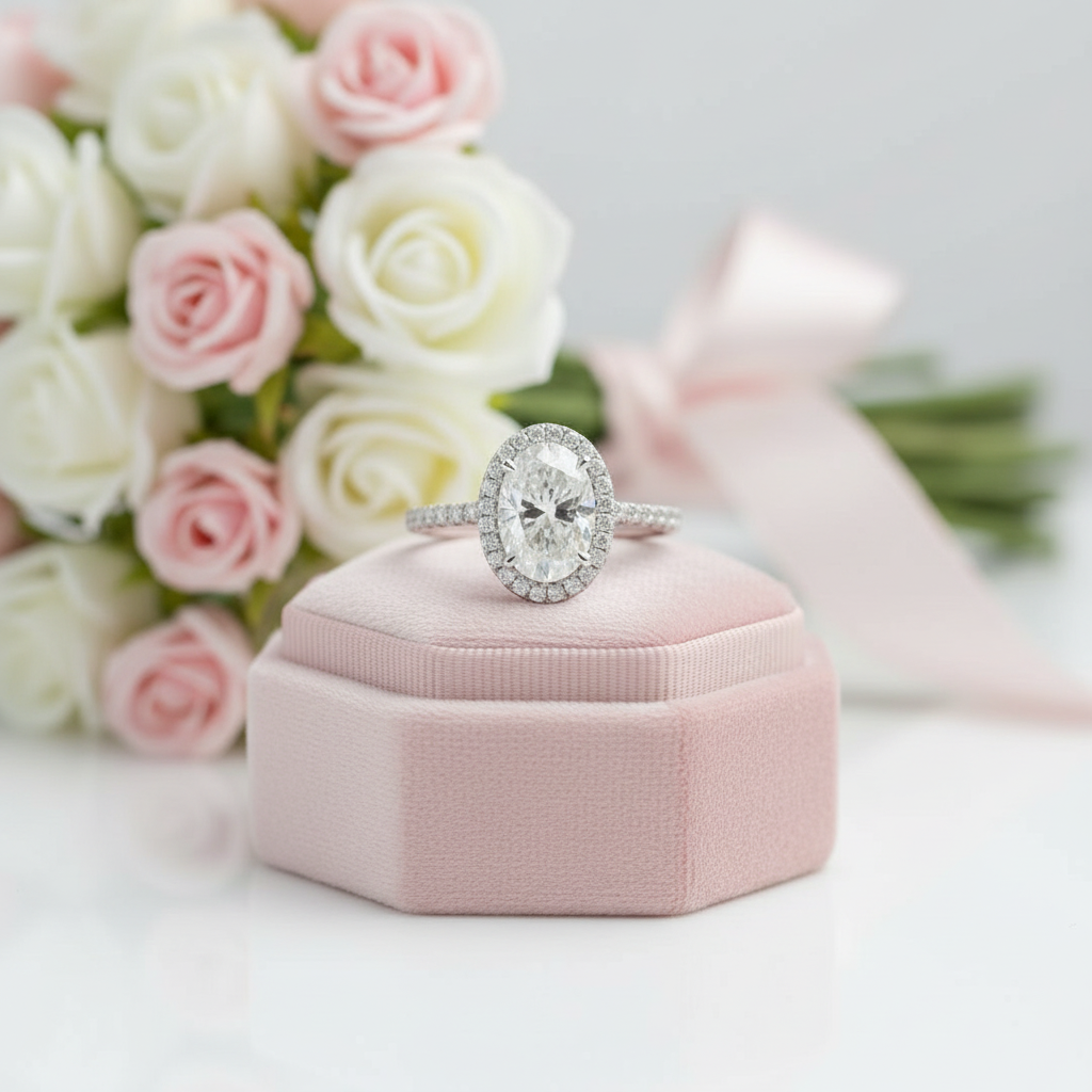 Diamond ring on a pink cushion with flowers in the background