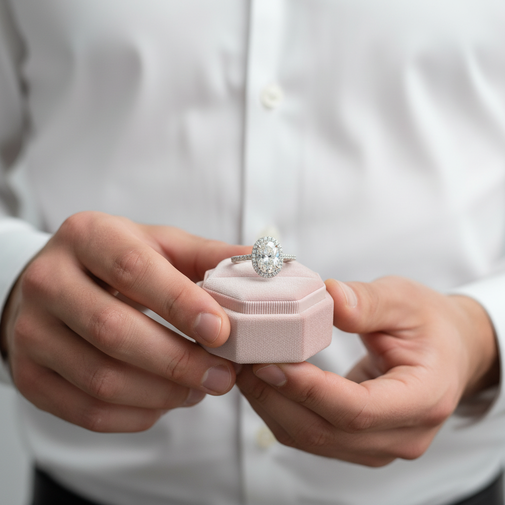 Person holding a pink jewelry box with an engagement ring inside, wearing a white shirt.