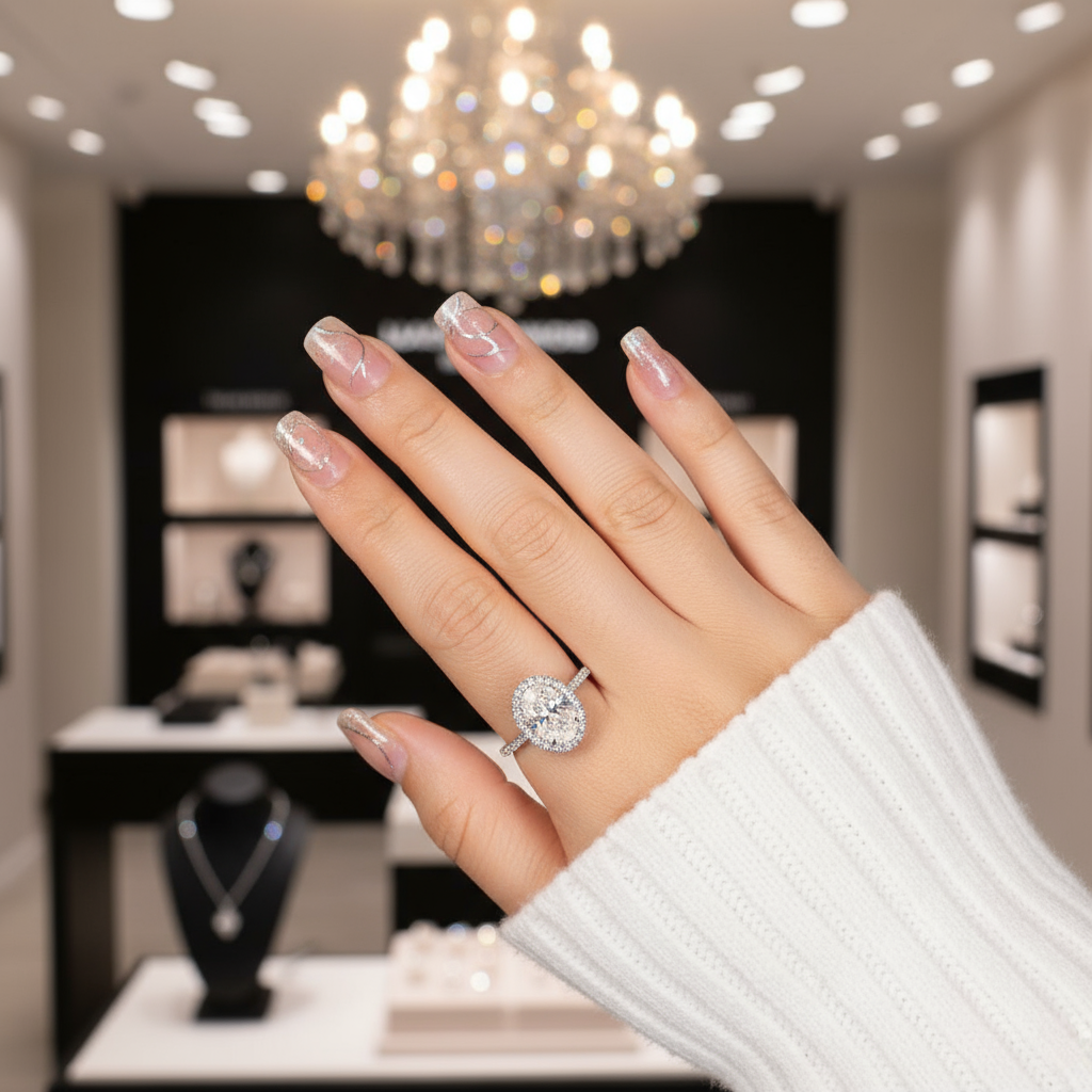 Oval Cut Halo Diamond 14k White Gold Engagement Ring-Black Diamonds New York