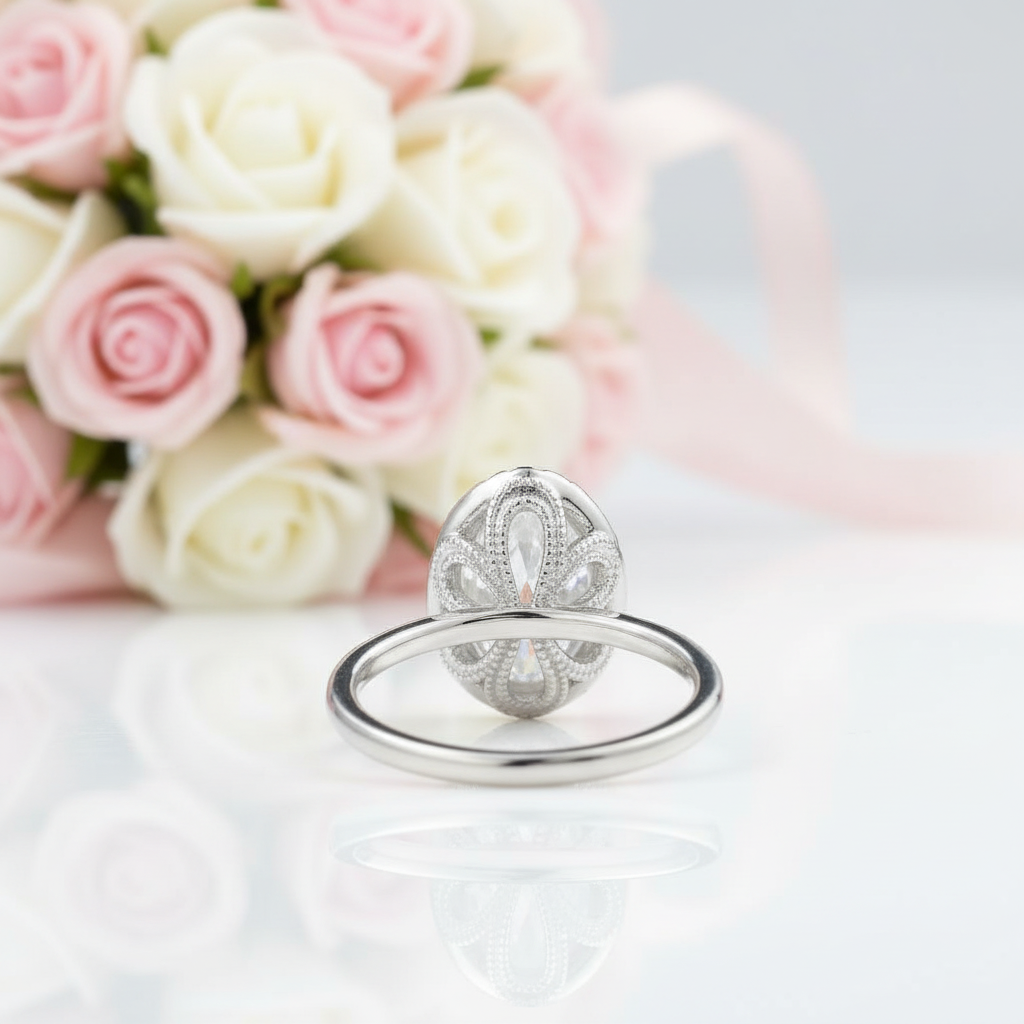 Silver ring with floral design on a white surface with pink and white roses in the background