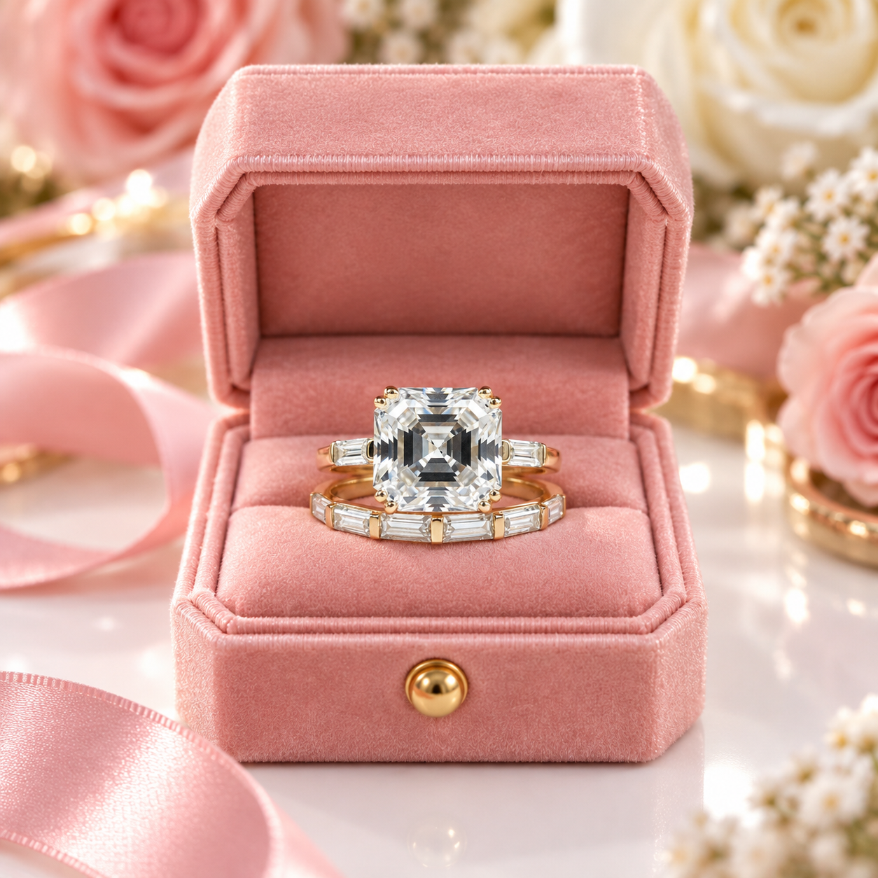 A gold engagement ring with a large emerald-cut clear center stone and baguette side stones, displayed in an open pink velvet ring box with pink satin ribbon and soft floral background.