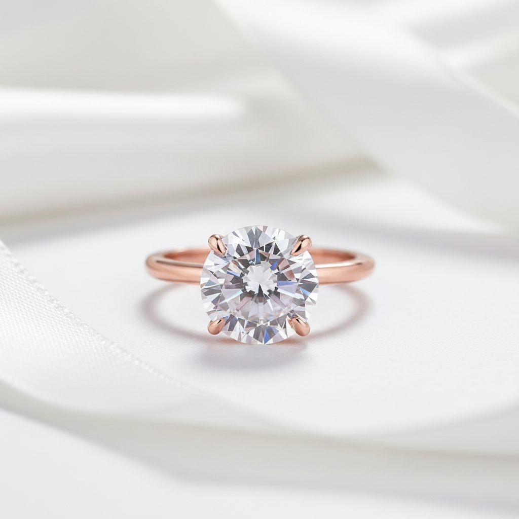 Rose gold ring with a large diamond on a white background