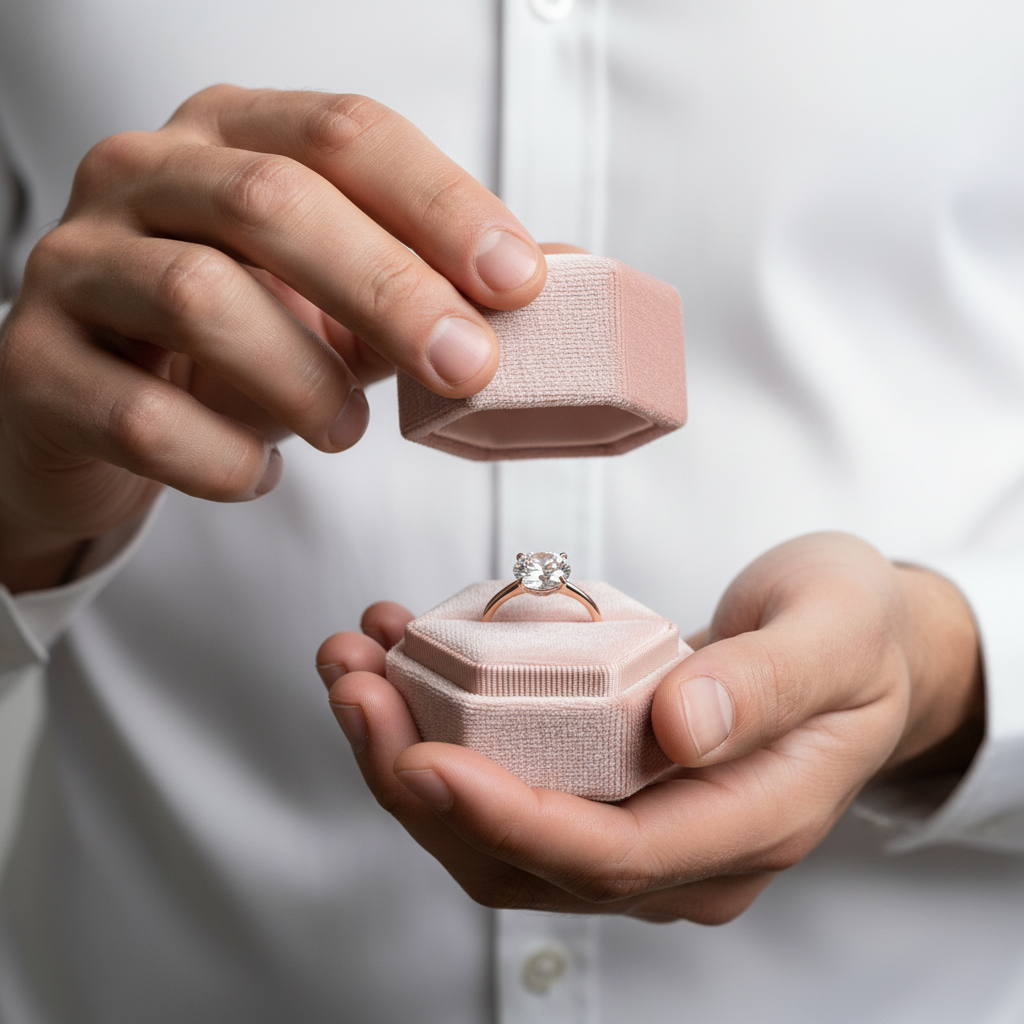 Person holding a pink jewelry box with an engagement ring inside, wearing a white shirt.