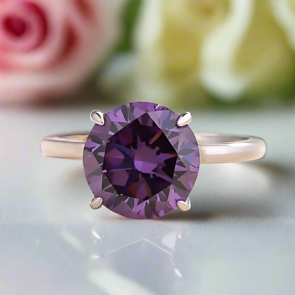 Elegant Round Cut Amethyst Purple Engagement Ring-Black Diamonds New York