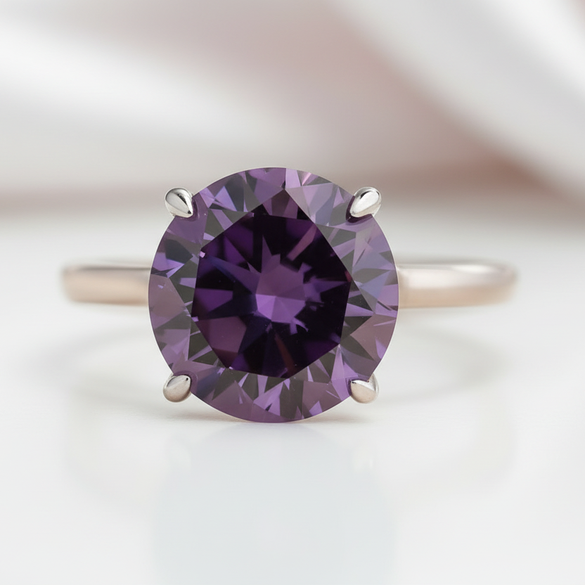 Elegant Round Cut Purple Amethyst Engagement Ring-Black Diamonds New York