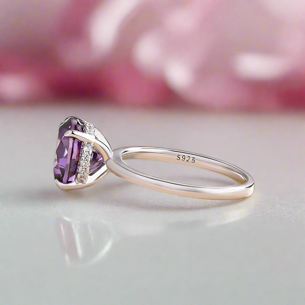 Elegant Round Cut Amethyst Purple Engagement Ring-Black Diamonds New York