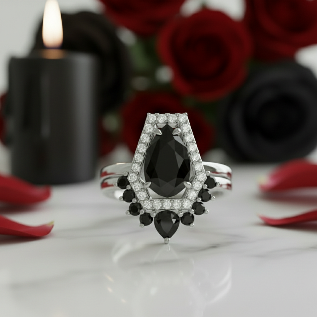 Faithfulness-1ct Black Pear Cut Diamond 14k White Gold Coffin Ring Set-Black Diamonds New York