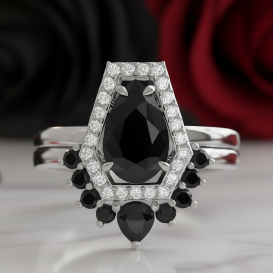 Faithfulness-1ct Black Pear Cut Diamond Option 14k White Gold Coffin Ring Set-Black Diamonds New York