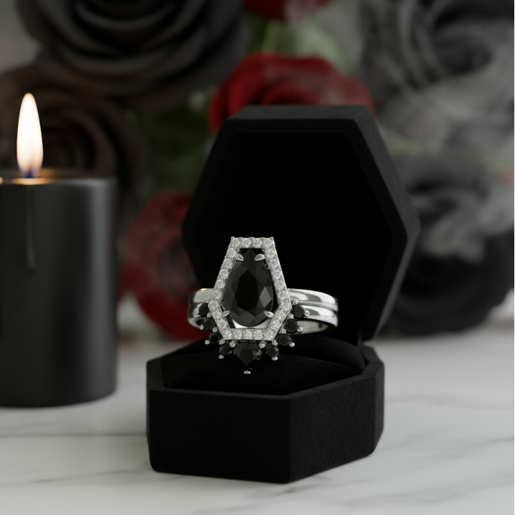 Faithfulness-1ct Black Pear Cut Diamond 14k White Gold Coffin Ring Set-Black Diamonds New York