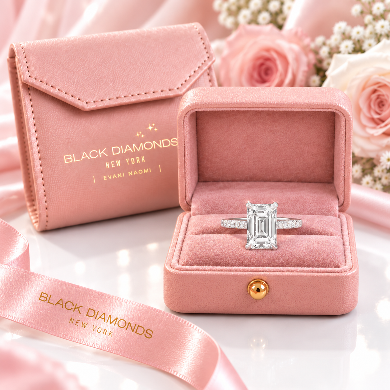 White Gold Emerald Cut Women's Engagement Ring-Black Diamonds New York