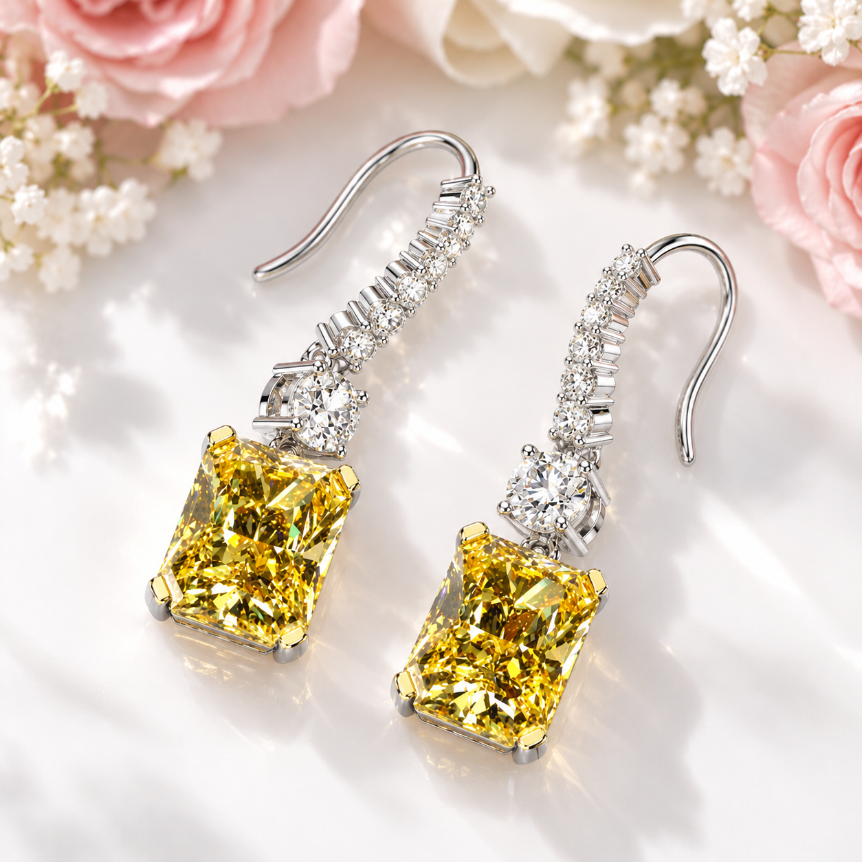 Emerald Cut Diamond Option Yellow Sapphire Drop Earrings-Black Diamonds New York