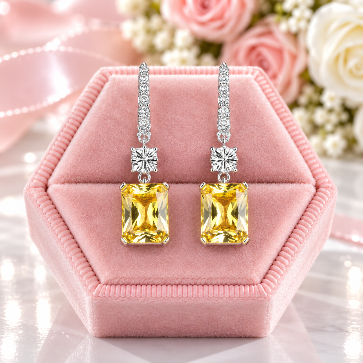 Emerald Cut Diamond Option Yellow Sapphire Drop Earrings-Black Diamonds New York