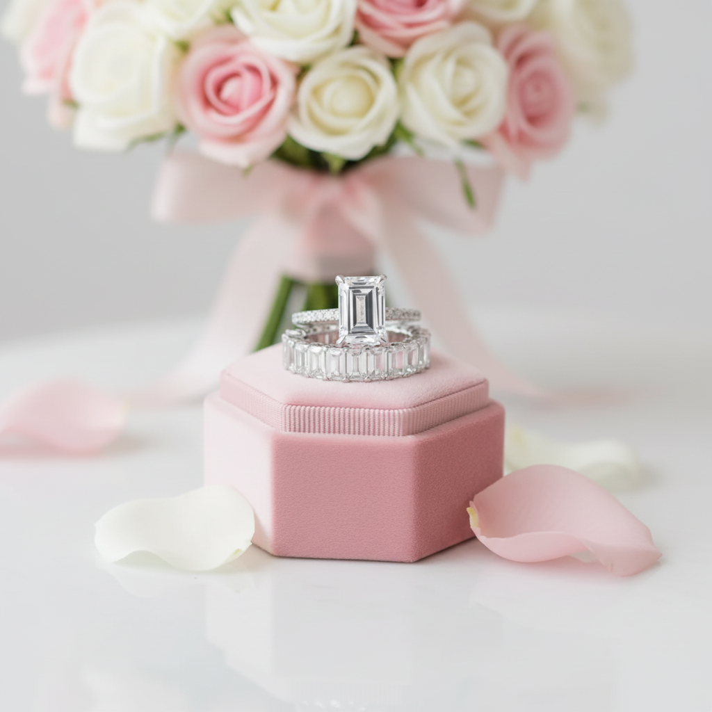 Emerald Cut Engagement Ring and Wedding Band-Black Diamonds New York