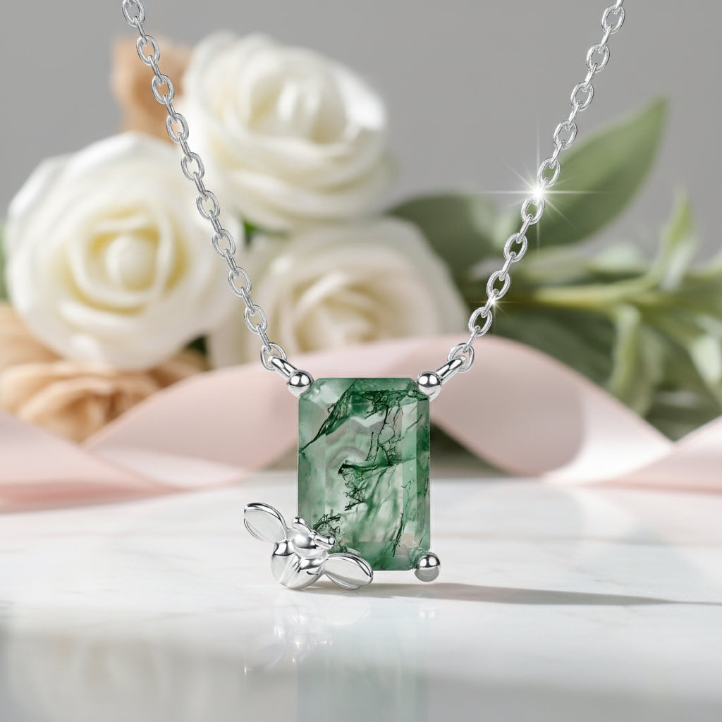 Emerald Cut Moss Agate Necklace with Bee-Black Diamonds New York