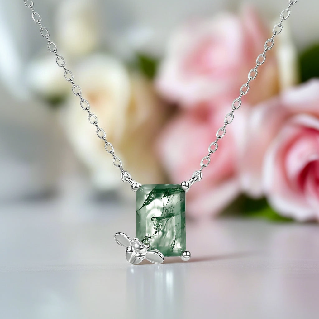 Emerald Cut Moss Agate Necklace with Bee-Black Diamonds New York
