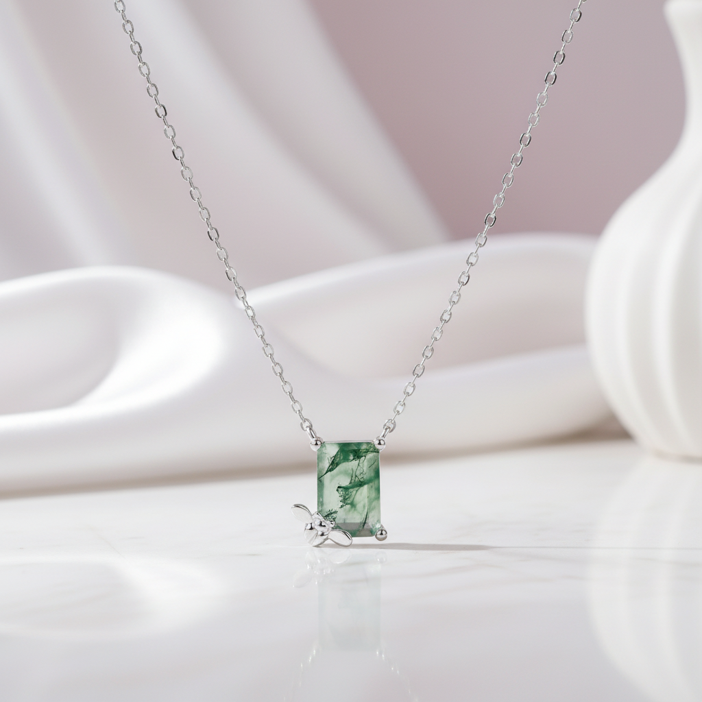Emerald Cut Moss Agate Necklace with Bee-Black Diamonds New York