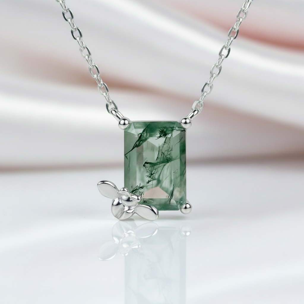 Emerald Cut Moss Agate Necklace with Bee-Black Diamonds New York