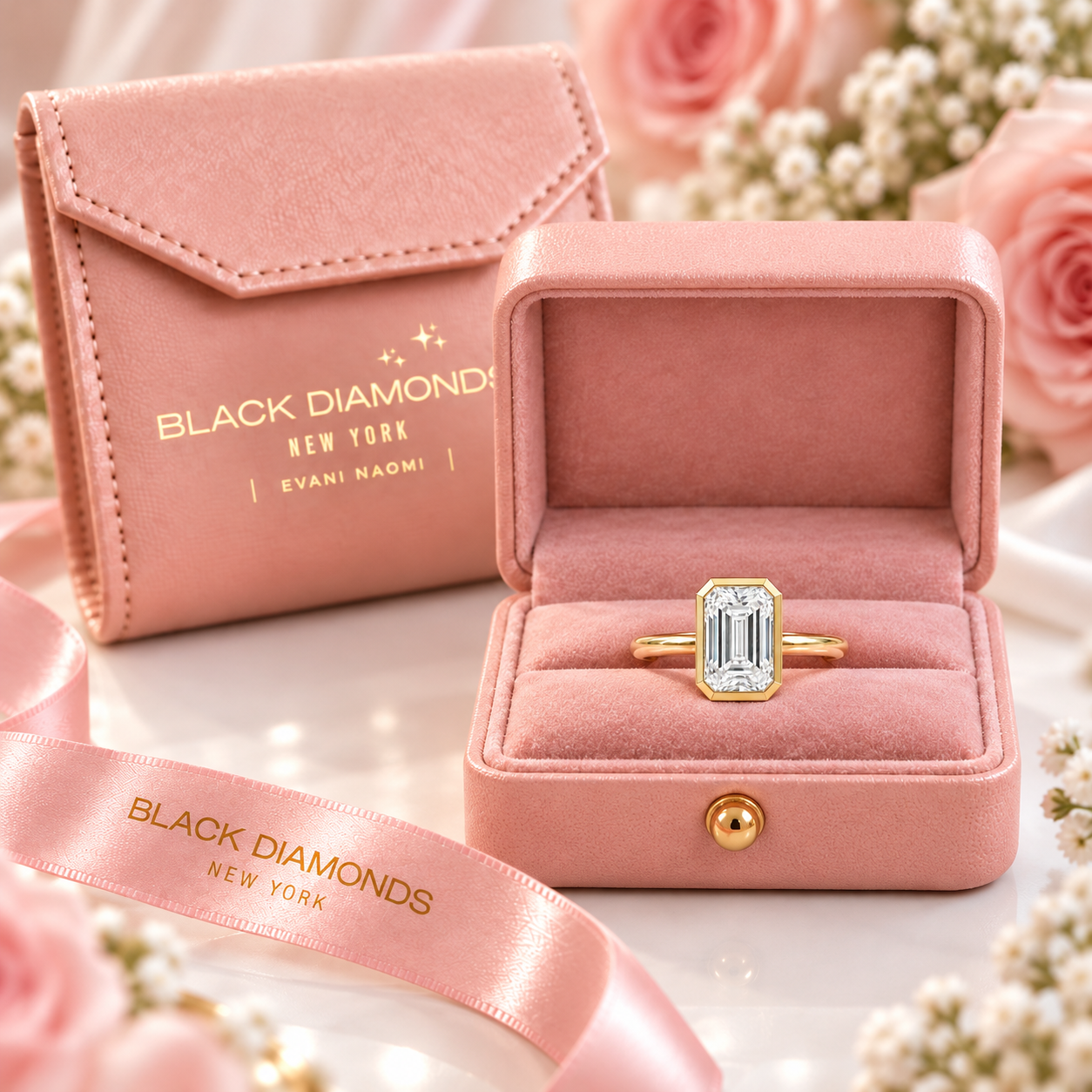 5ct Emerald Cut Diamond Option Bezel Engagement Ring-Black Diamonds New York