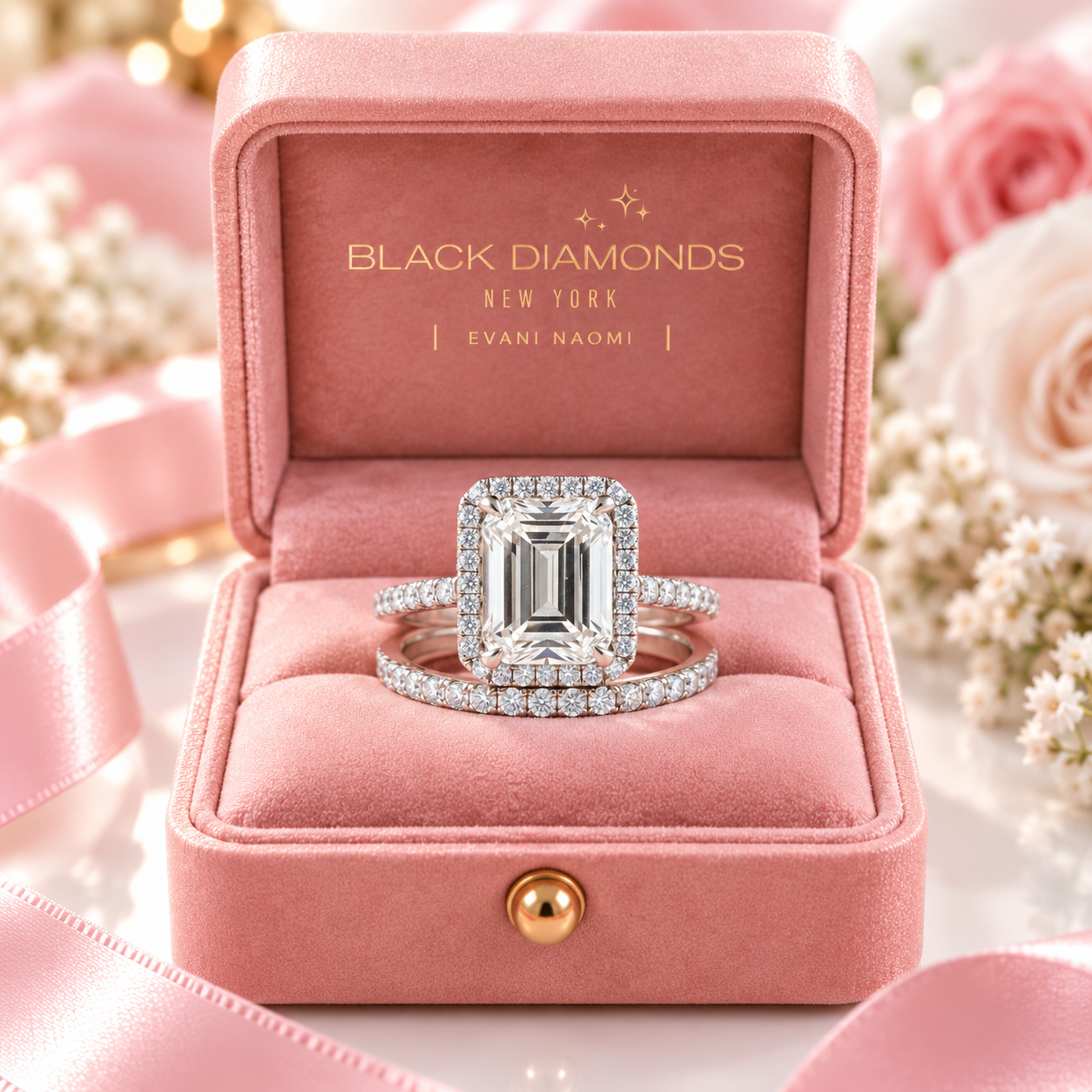 A silver-toned emerald-cut diamond ring with a halo and matching pavé band displayed in an open pink velvet ring box. The inside of the box is branded 'BLACK DIAMONDS NEW YORK | EVANI NAOMI'.