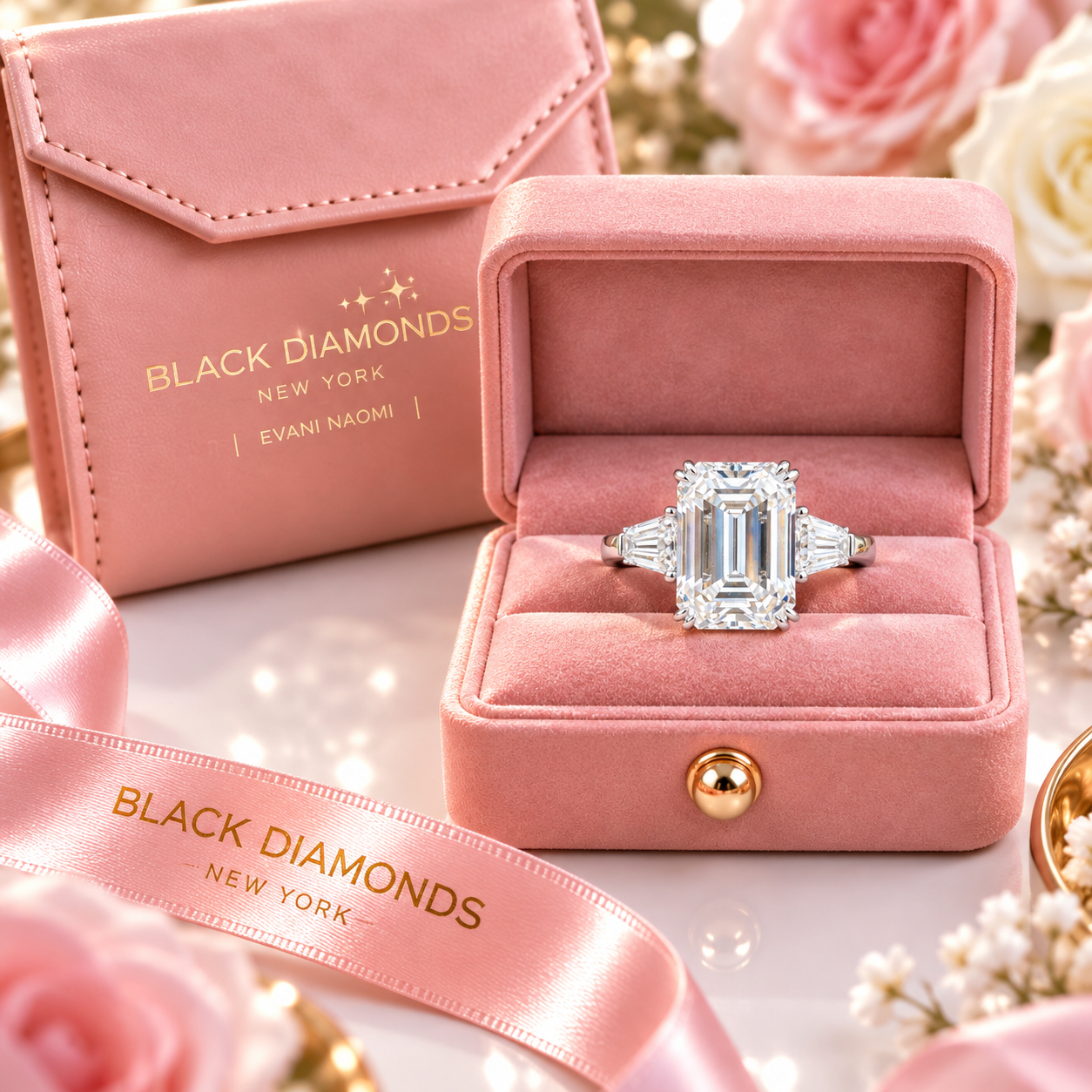 Gorgeous Emerald Cut Three Stone Engagement Ring-Black Diamonds New York