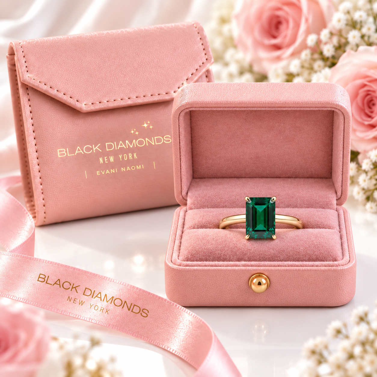 Classic Yellow Gold Emerald Cut Engagement Ring-Black Diamonds New York