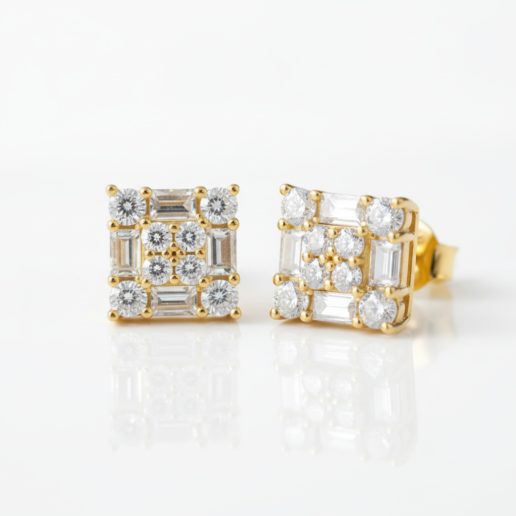Emerald & Round Cut Diamond Option Square Hip-Hop Stud Earrings-Black Diamonds New York