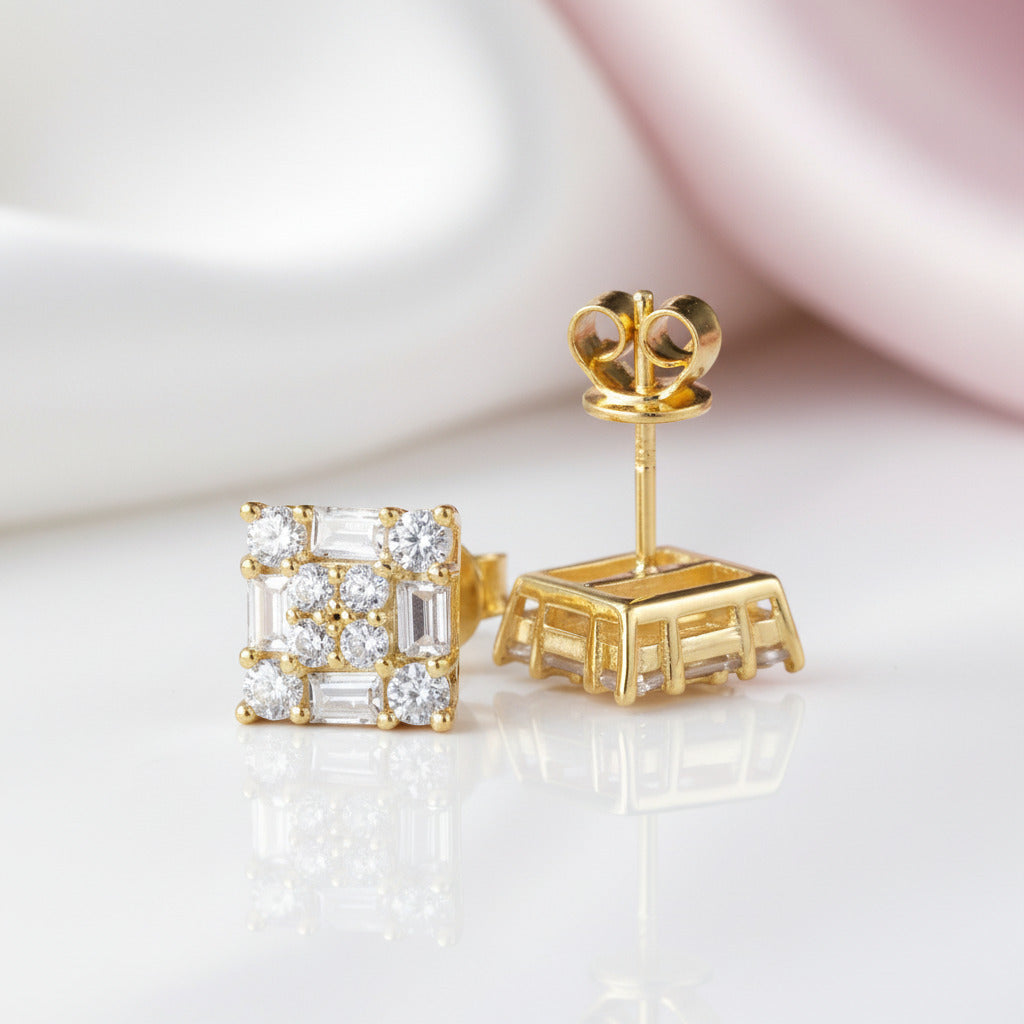 Emerald & Round Cut Diamond Option Square Hip-Hop Stud Earrings-Black Diamonds New York