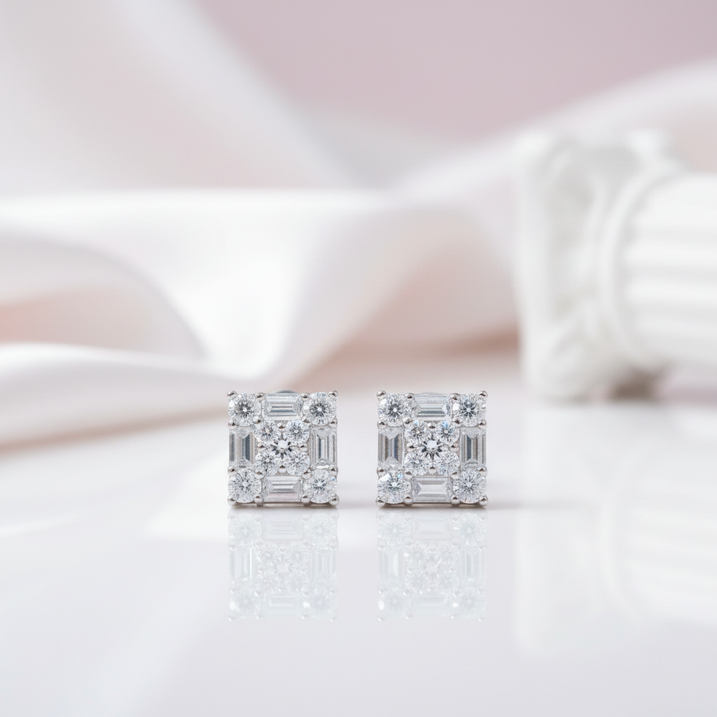 Emerald & Round Cut Diamond Option Square Hip-Hop Stud Earrings-Black Diamonds New York