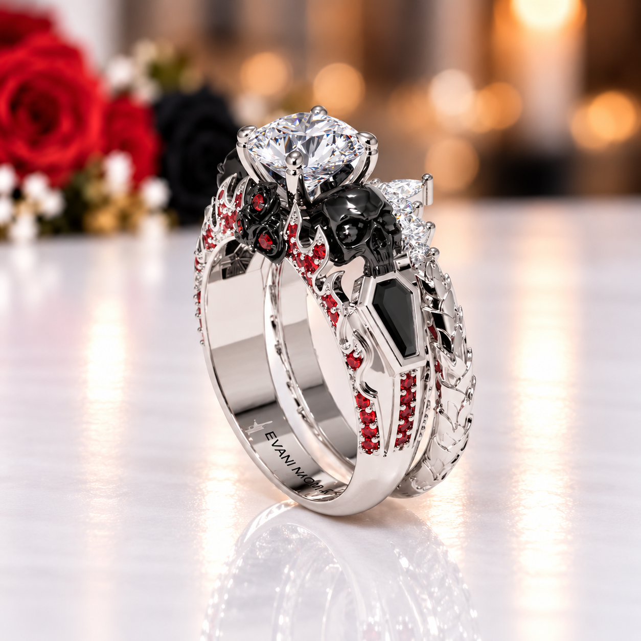 Eternal Flame- Round Cut Diamond Option Coffin Wedding Ring Set-Black Diamonds New York