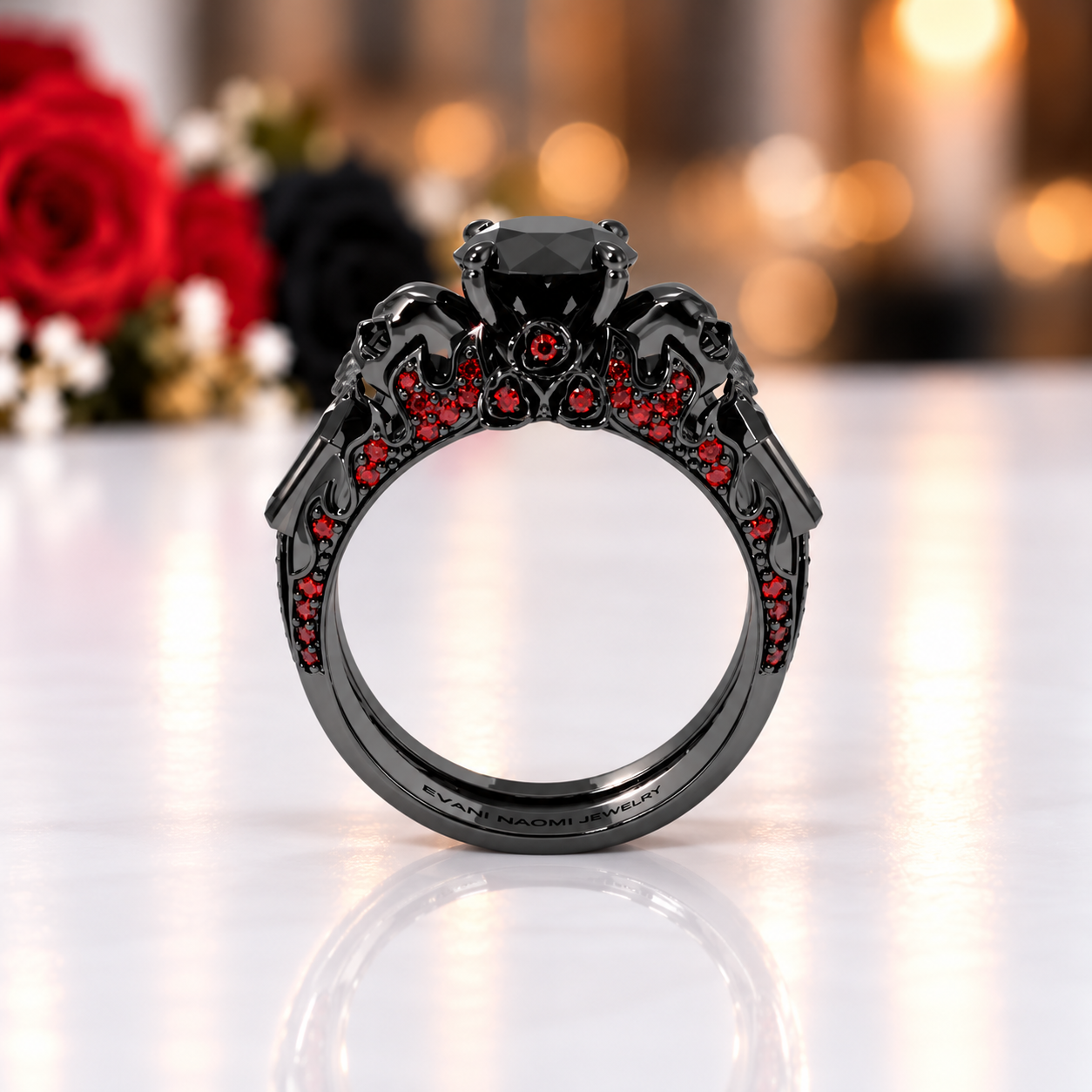 Eternal Flame- Round Cut Diamond Option Coffin Wedding Ring Set-Black Diamonds New York