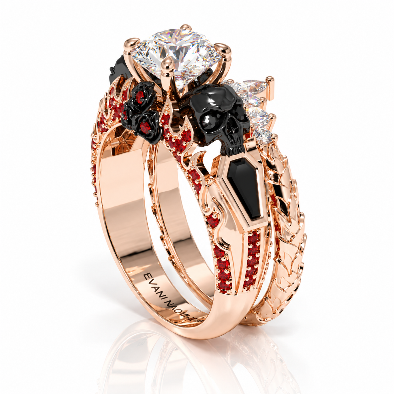 Eternal Flame- Round Cut Diamond Option Coffin Wedding Ring Set-Black Diamonds New York