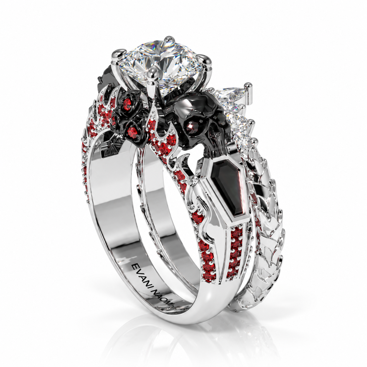 Eternal Flame- Round Cut Diamond Option Coffin Wedding Ring Set-Black Diamonds New York