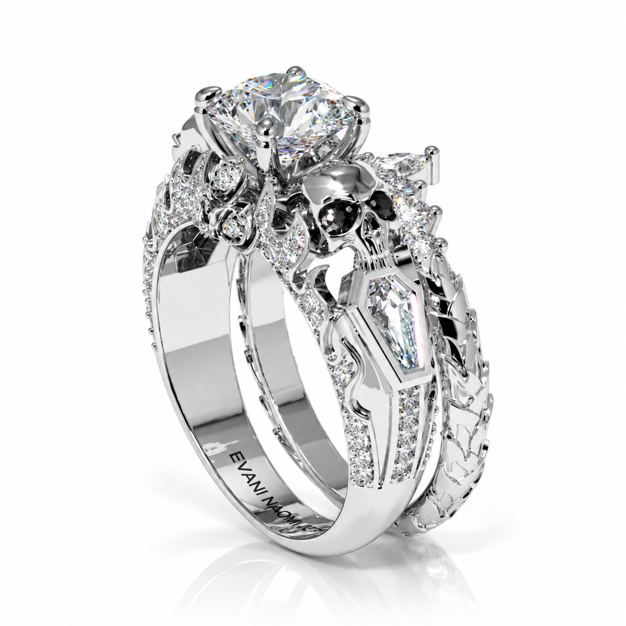 Eternal Flame- Round Cut Diamond Option Coffin Wedding Ring Set-Black Diamonds New York
