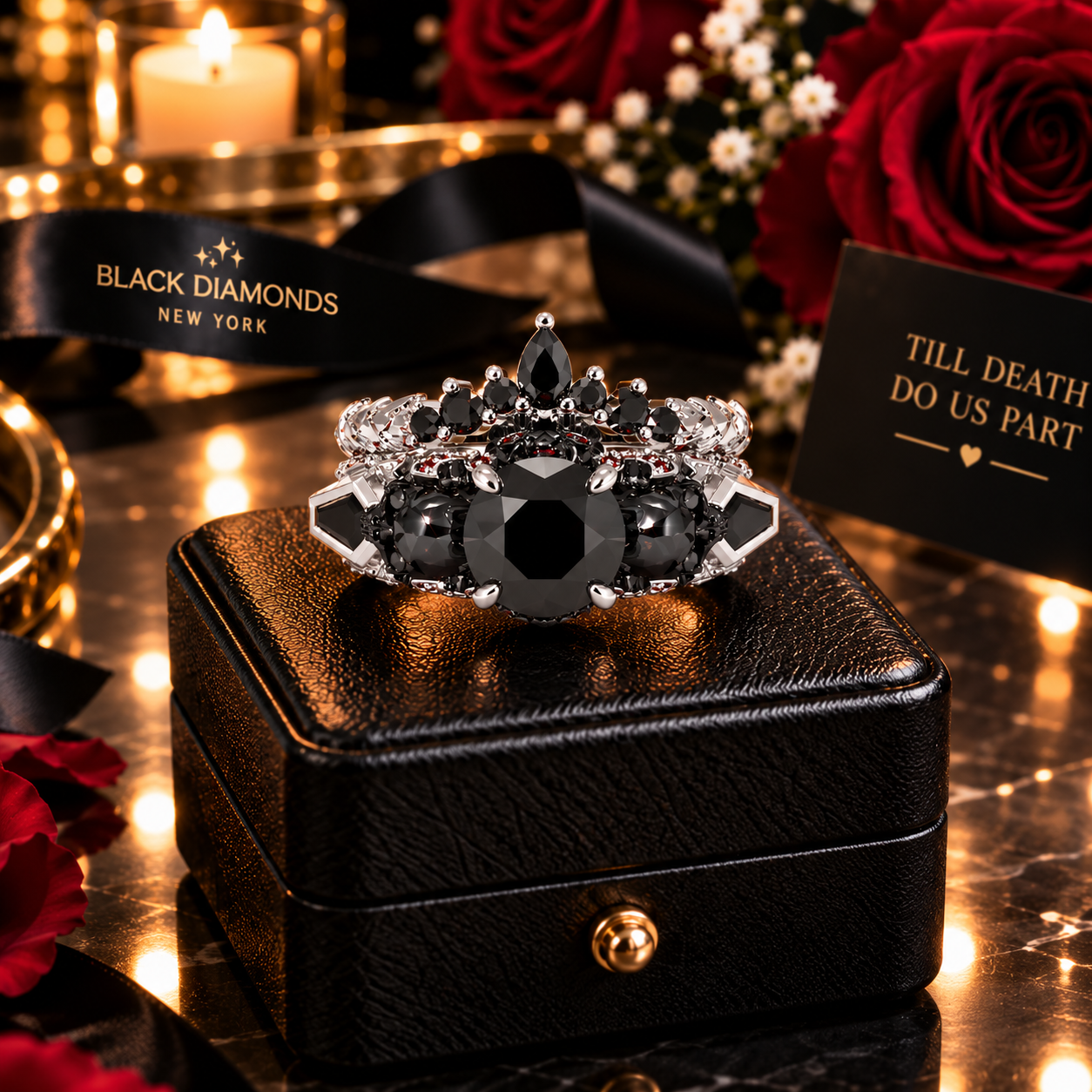 Eternal Flame- Round Cut Diamond Option Coffin Wedding Ring Set-Black Diamonds New York