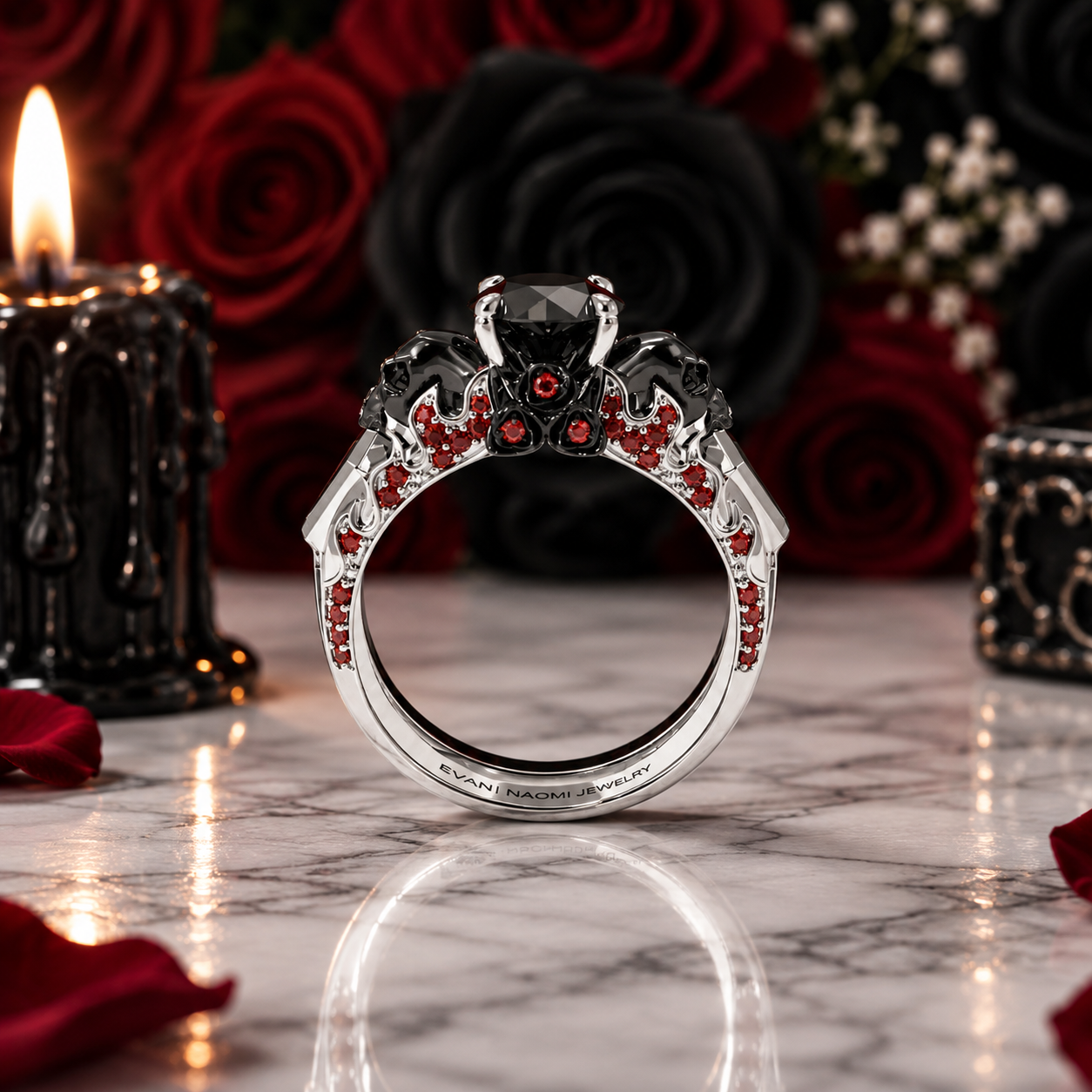 Eternal Flame- Round Cut Diamond Option Coffin Wedding Ring Set-Black Diamonds New York