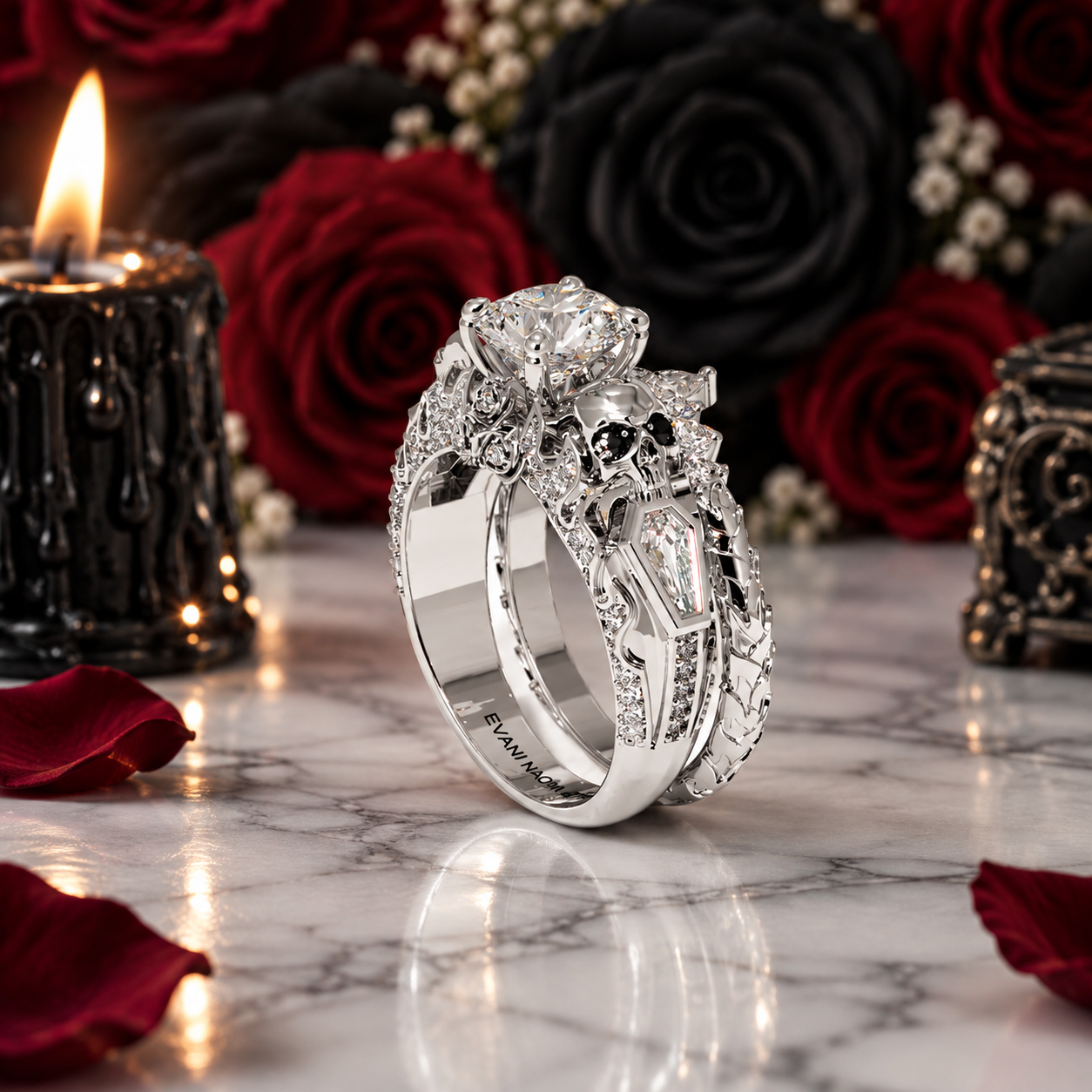 Eternal Flame- Round Cut Diamond Option Coffin Wedding Ring Set-Black Diamonds New York