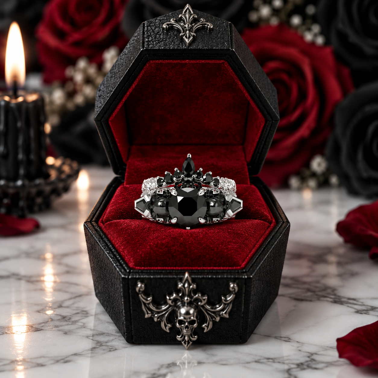 Eternal Flame- Round Cut Diamond Option Coffin Wedding Ring Set-Black Diamonds New York