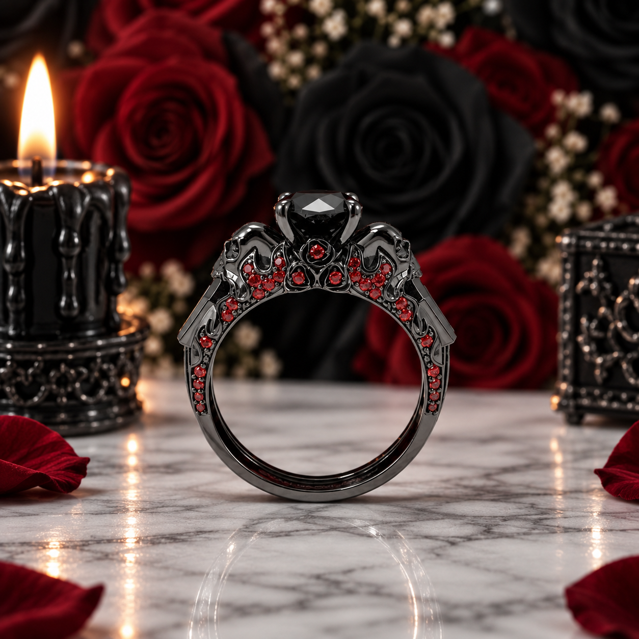 Eternal Flame- Round Cut Diamond Option Coffin Wedding Ring Set-Black Diamonds New York