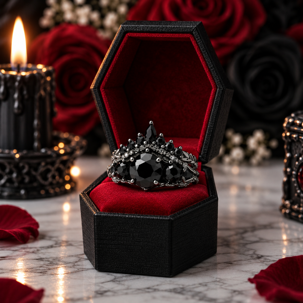 Eternal Flame- Round Cut Diamond Option Coffin Wedding Ring Set-Black Diamonds New York