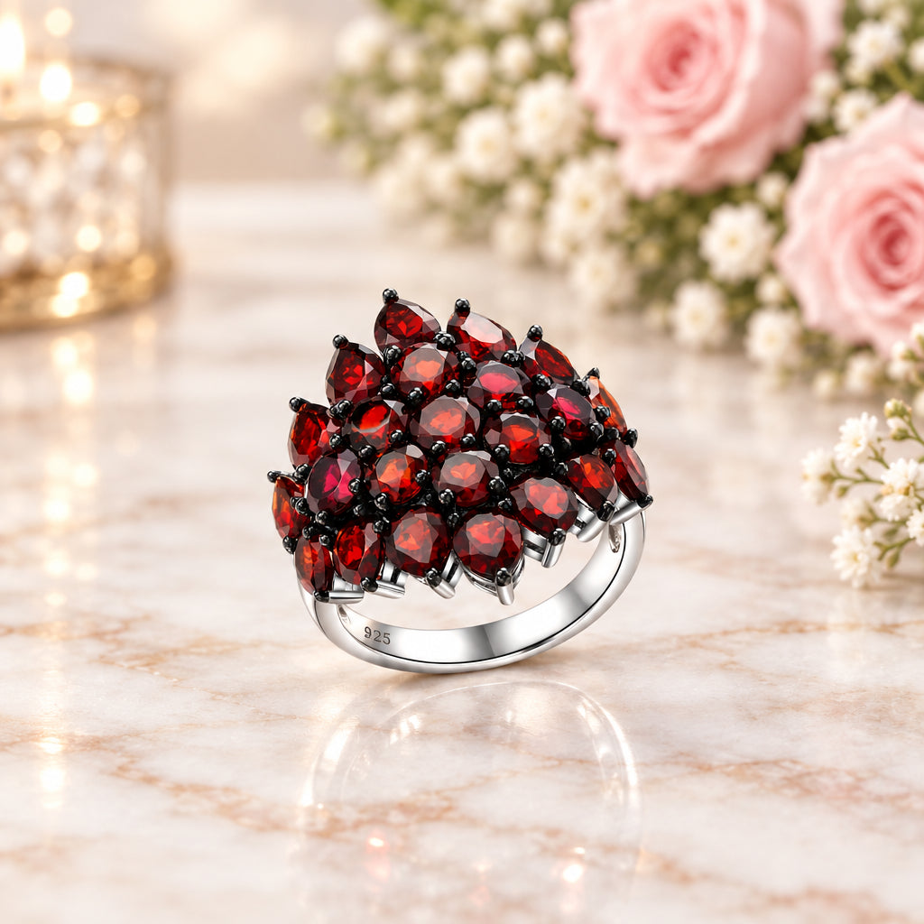 Exquisite Red Garnet Simulant Ring-Black Diamonds New York