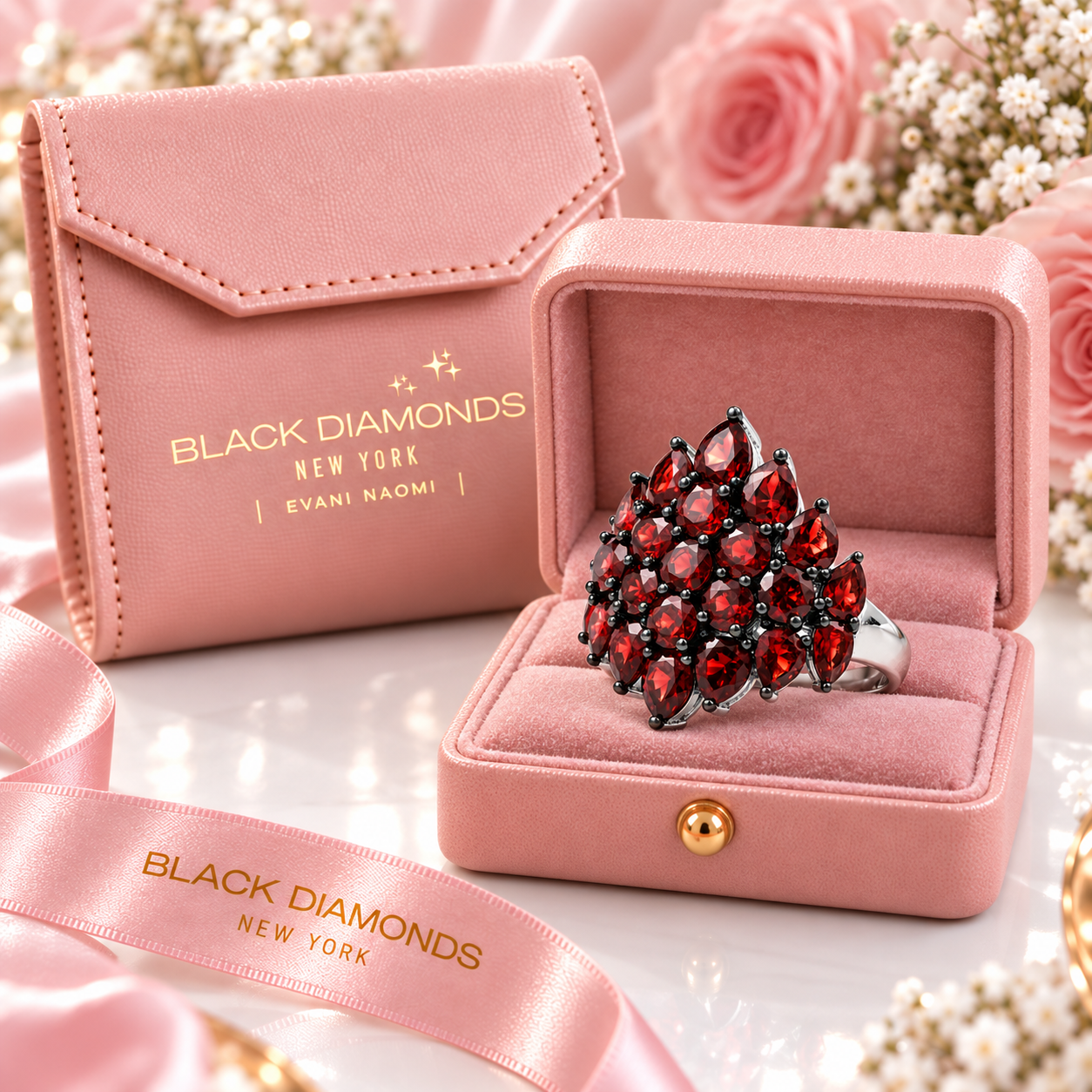 Exquisite Red Garnet Simulant Ring-Black Diamonds New York