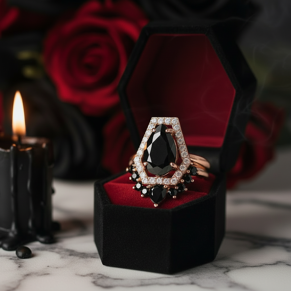 Faithfulness-1ct Black Pear Cut Diamond 14k White Gold Coffin Ring Set-Black Diamonds New York